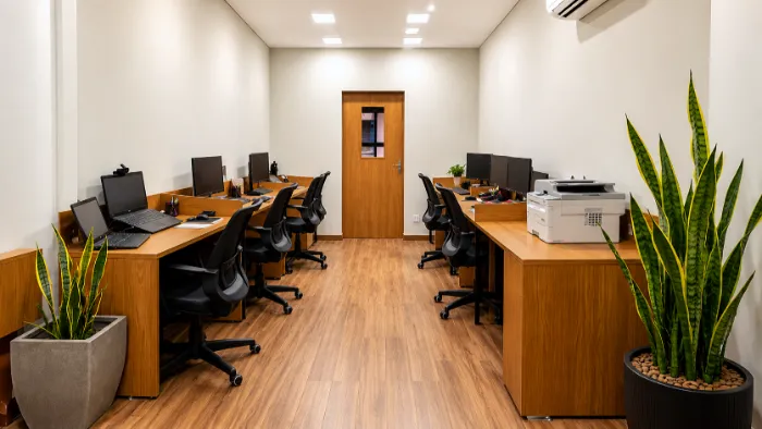 Escritório da VF Contabilidade com estações de trabalho, computadores e mobiliário organizado