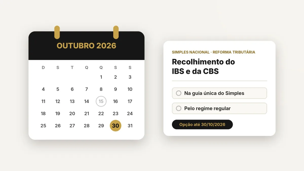 Ilustração de calendário de outubro de 2026 com o dia 30 em destaque, ao lado das opções de recolhimento do IBS e da CBS: na guia única do Simples ou pelo regime regular