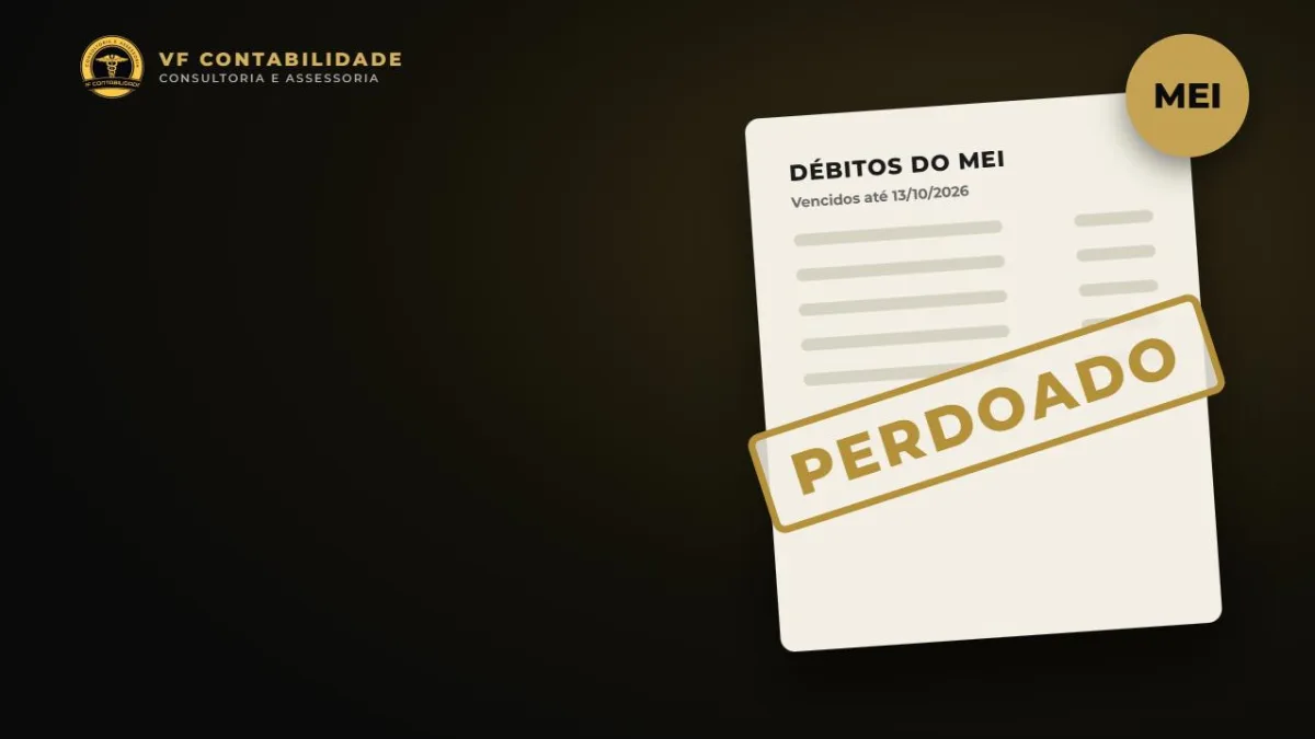 Ilustração de um documento de débitos do MEI com o carimbo PERDOADO, nas cores preto e dourado da VF Contabilidade