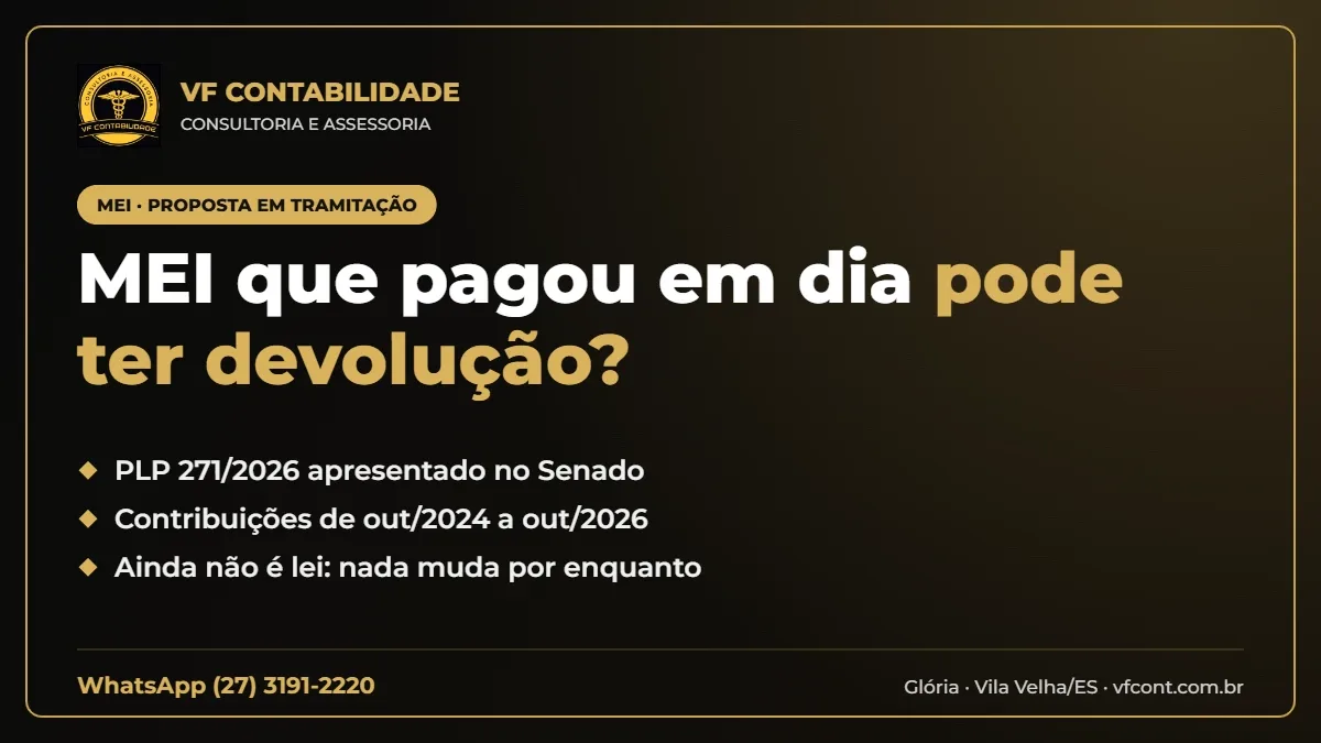 Arte da VF Contabilidade sobre o PLP 271/2026, que propõe devolver contribuições ao MEI que pagou em dia