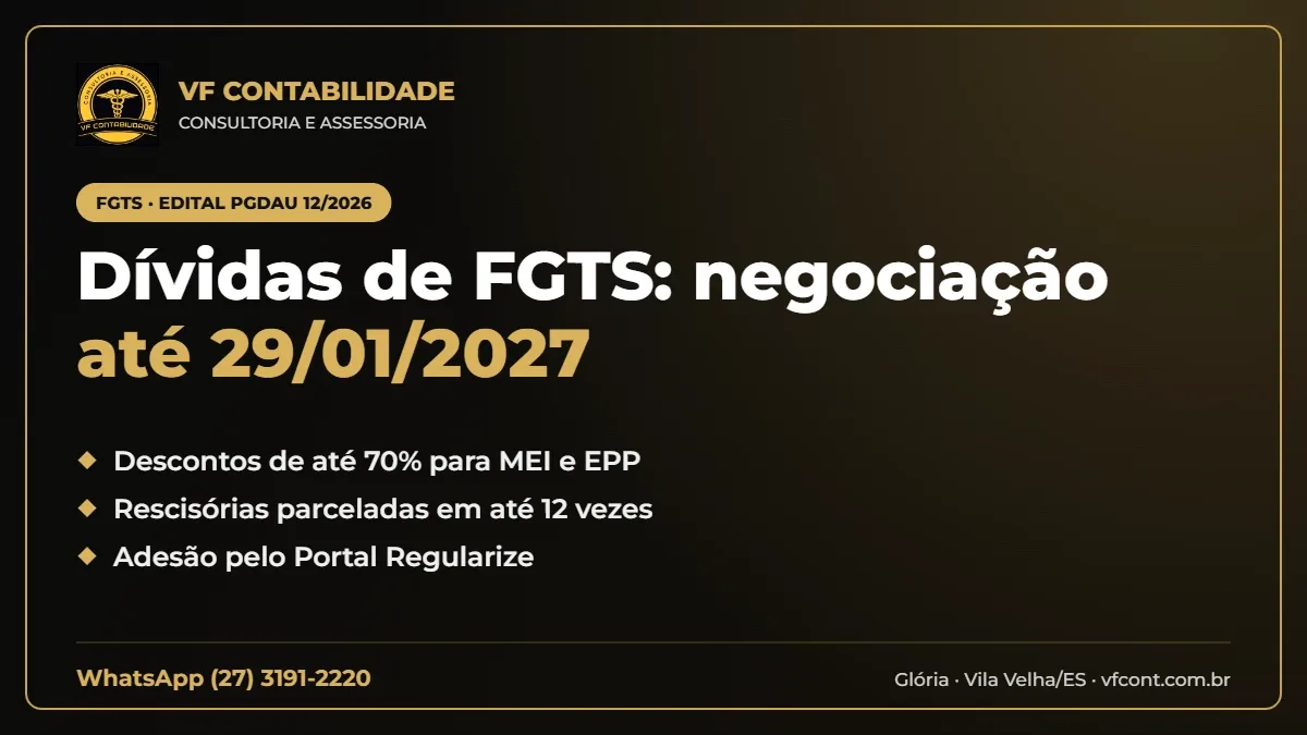 Arte da VF Contabilidade sobre o edital da PGFN para negociação de dívidas de FGTS até 29/01/2027