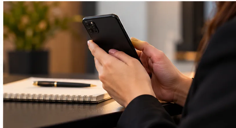 Pessoa utilizando o celular em uma mesa de trabalho com caderno e caneta