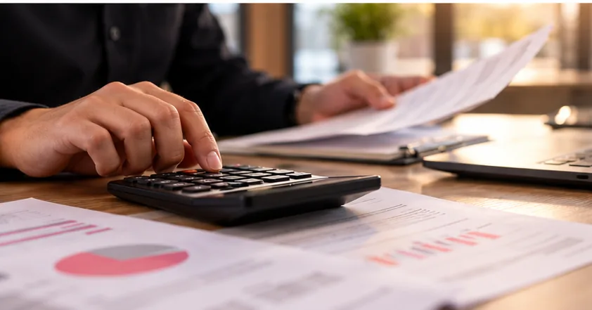 Pessoa usando calculadora sobre relatórios financeiros em uma mesa de trabalho