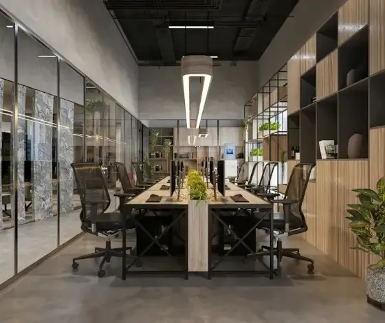Ambiente empresarial com mesa de reunião, ilustrativo