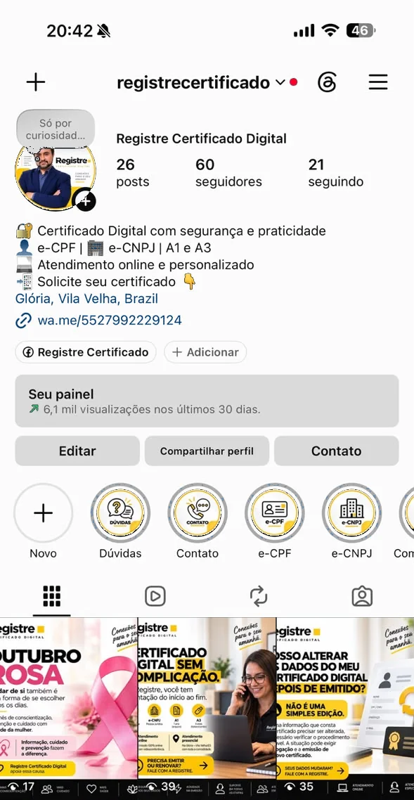 Captura do perfil @registrecertificado no Instagram, em versão clara