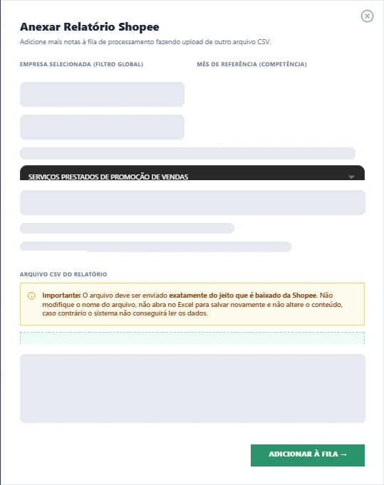 Tela real da RegistreNF: janela Anexar Relatório Shopee para importação do arquivo CSV, com dados ocultos