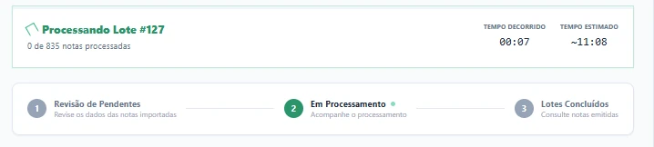 Tela real da RegistreNF: processamento de um lote de notas, com tempo decorrido e etapas